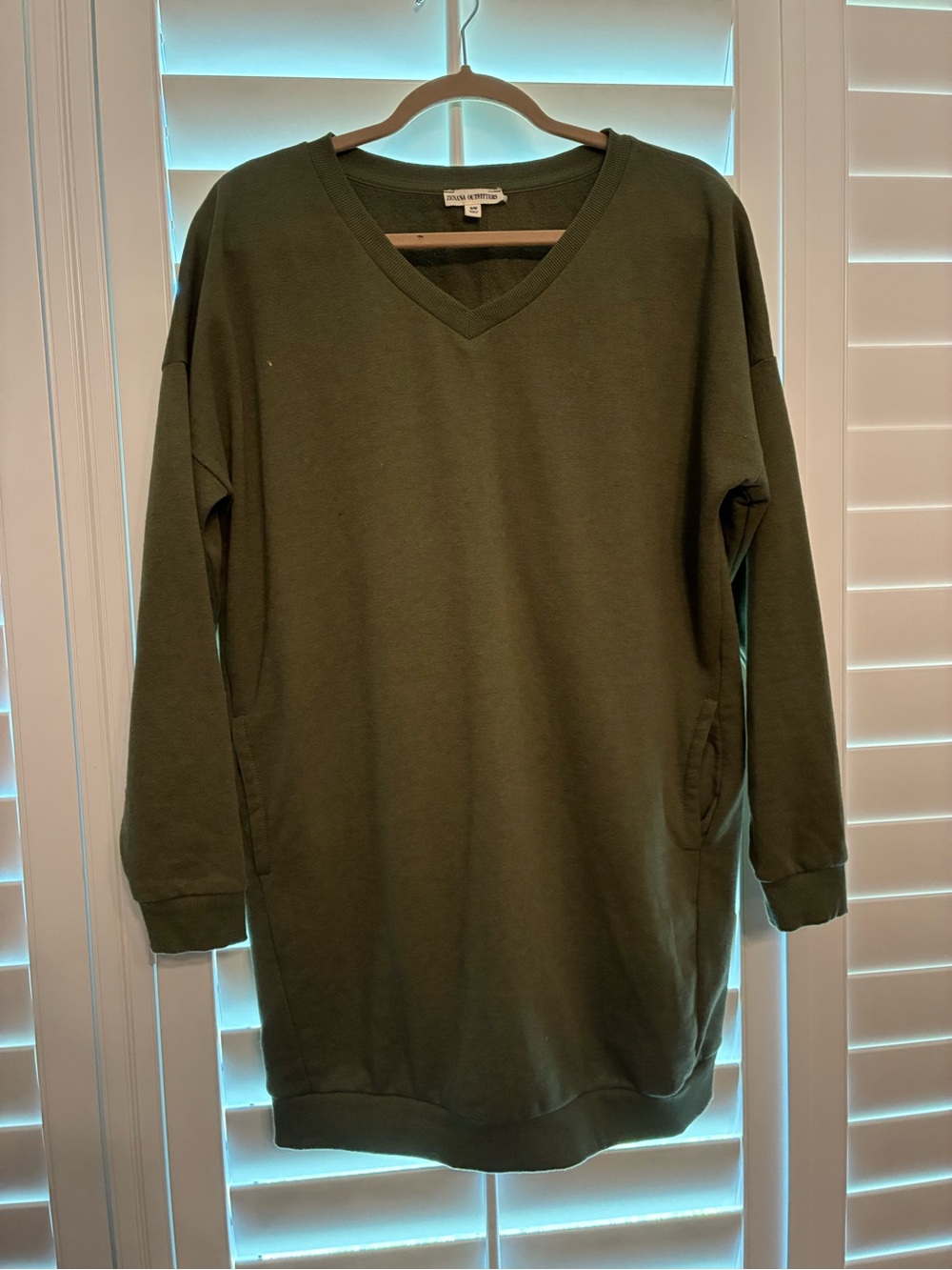 Zenana Outfitters Women's V-Neck Sweater Dress in Olive Green